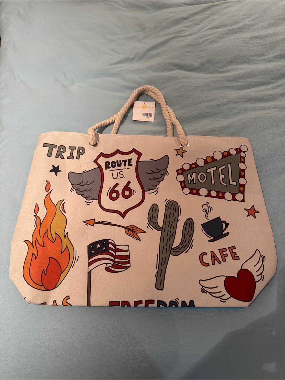 ALFA BAGS Classic Collection Tote - Route 66 & Turquoise with Cream Rope Handles